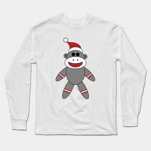 Cute Sock Monkey With Santa Hat Christmas on Blue Long Sleeve T-Shirt